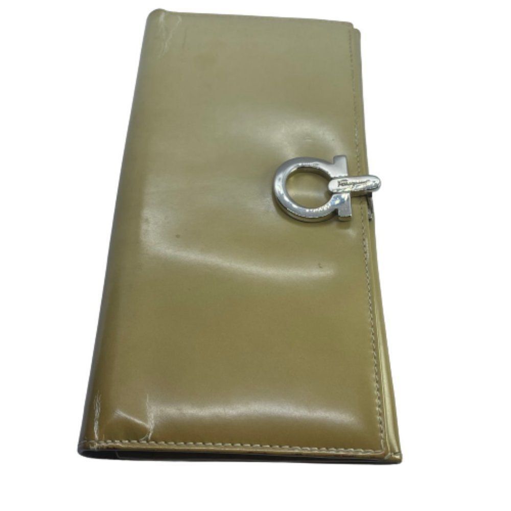 Authentic Salvatore Ferragamo Tan / Beige Patent Leather Long Designer Wallet